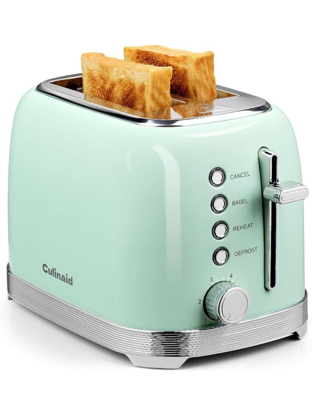 2 Slice Retro Green Stainless Steel 1.5” Extra Wide Slots with Bagel Toaster